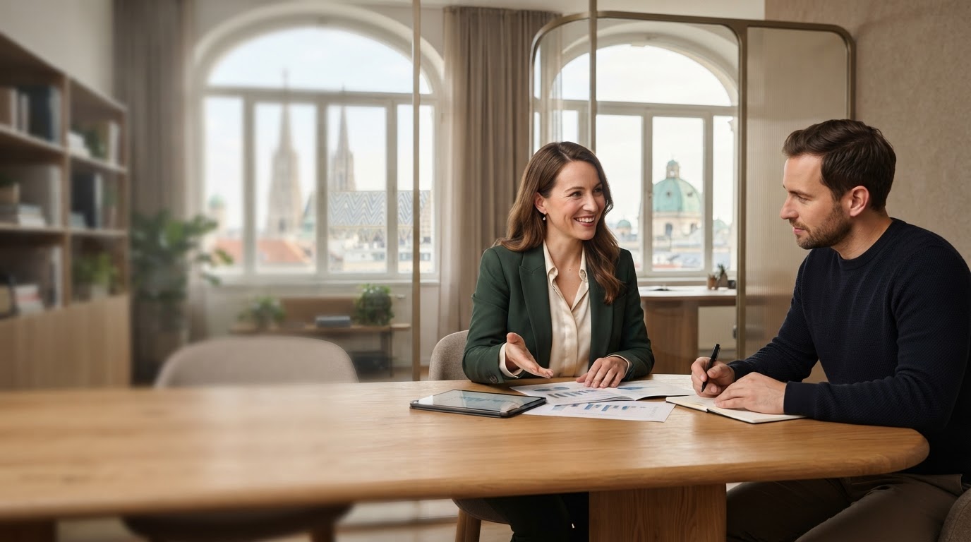 Wiener Nachrichten advisor reviewing financial data with a family